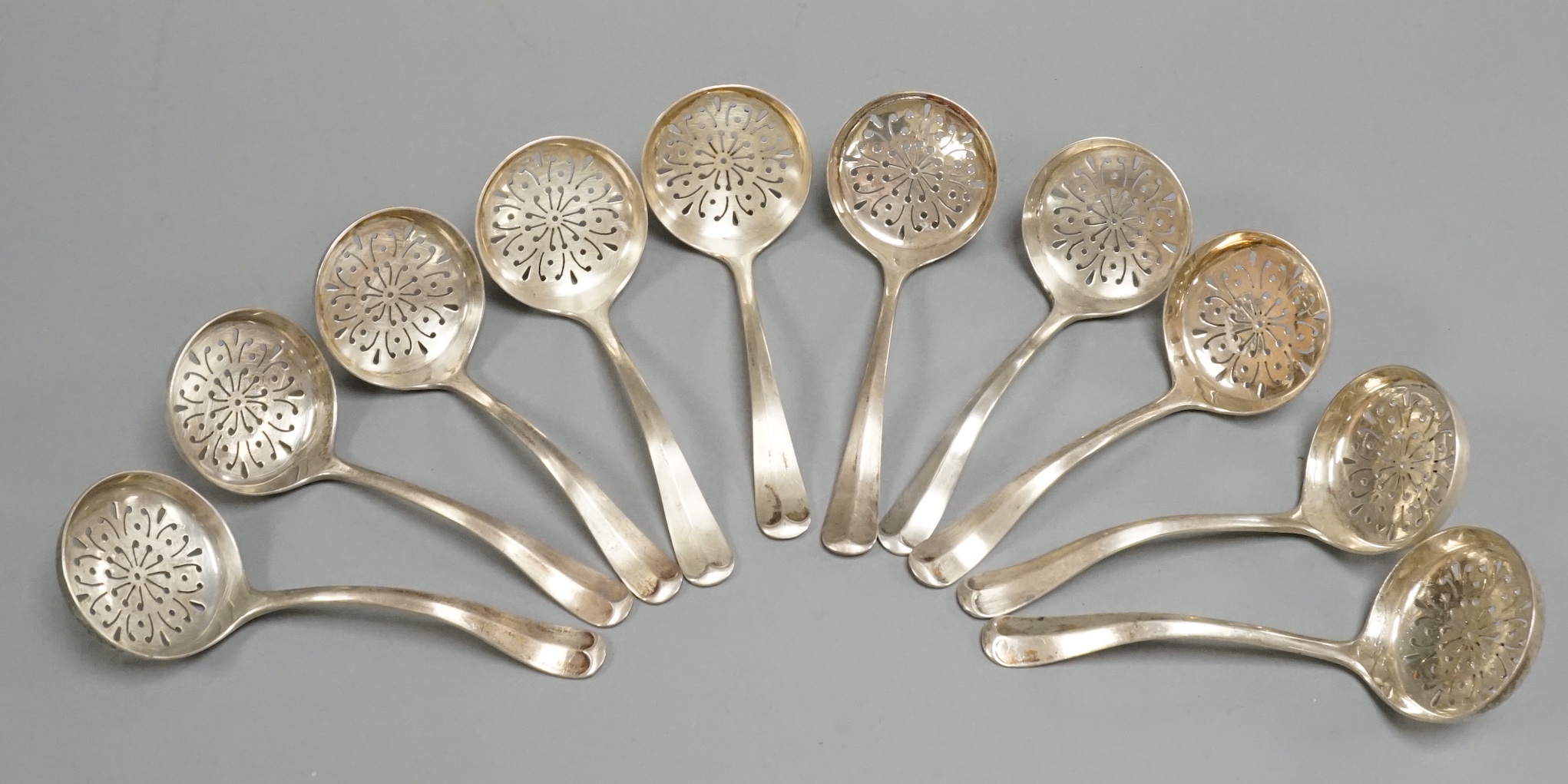 A set of ten George VI silver Hanovarian pattern sifter ladles, Atkin Brothers, Sheffield, 1937, 11.5cm, 8.6oz.